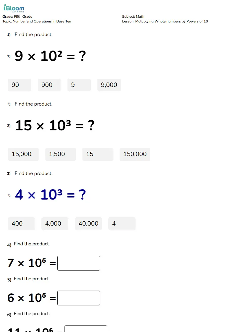 Multiplying Whole numbers by Powers of 10 Lesson for Fifth Grade | iBloom