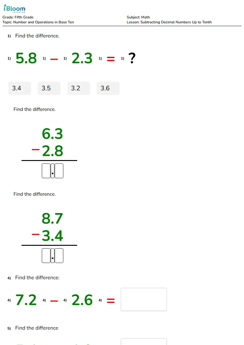 Subtracting Decimal Numbers Up to Tenth Lesson for Fifth Grade | iBloom