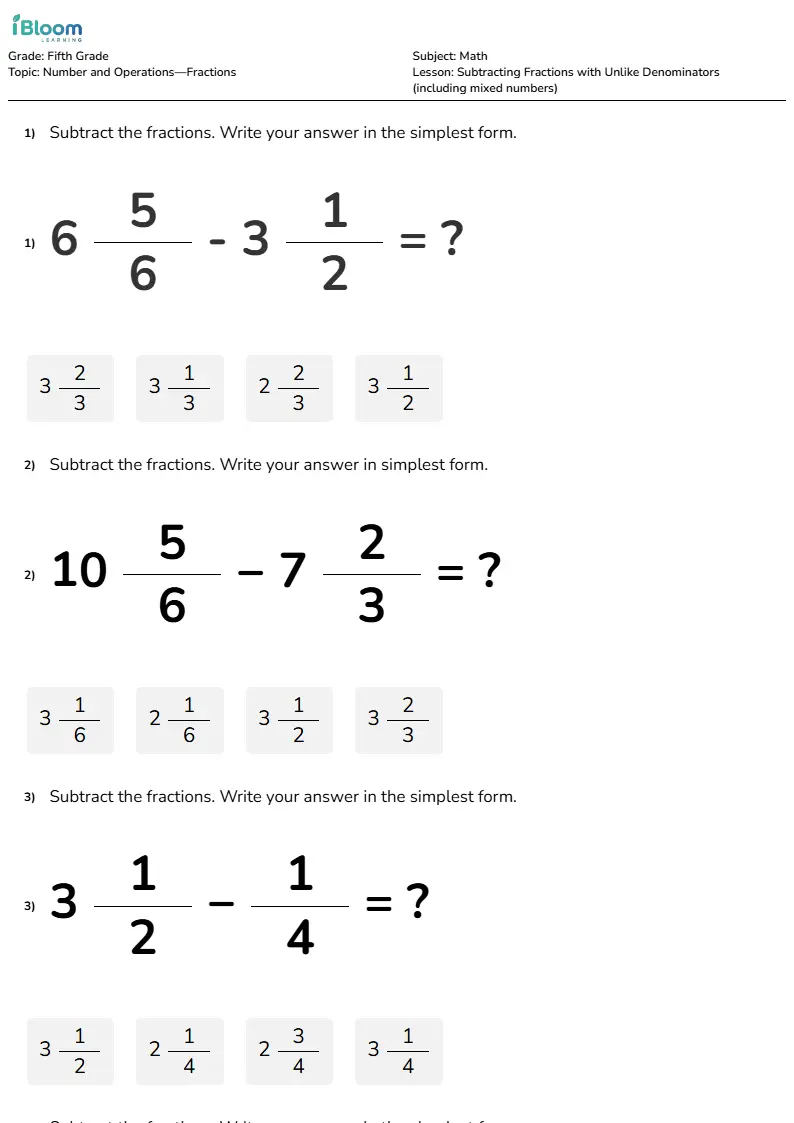 Subtracting Fractions with Unlike Denominators (including mixed numbers) Lesson for Fifth Grade | iBloom