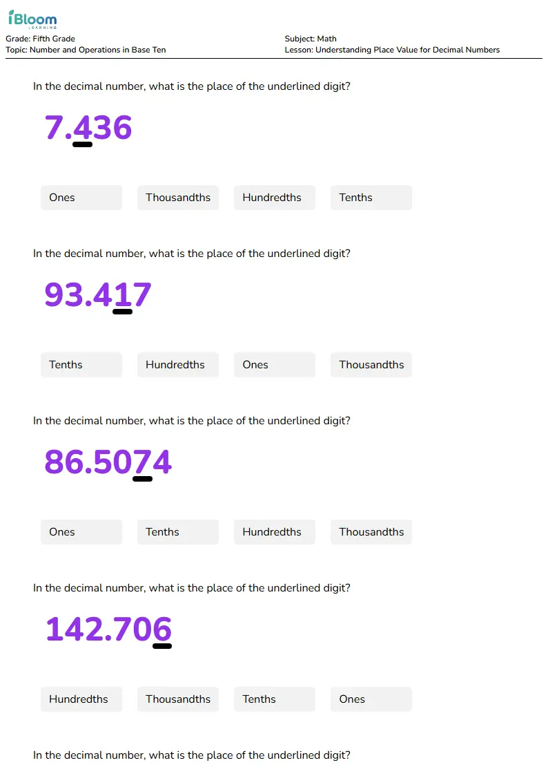 Understanding Place Value for Decimal Numbers Lesson for Fifth Grade | iBloom