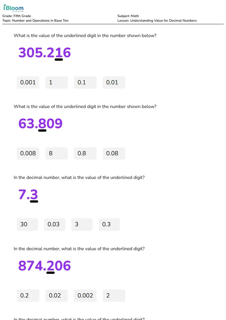 Understanding Value for Decimal Numbers Lesson for Fifth Grade | iBloom