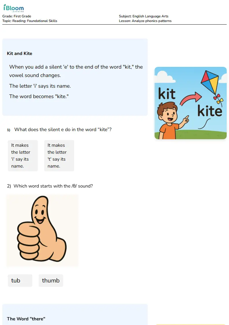 Analyze phonics patterns Lesson for First Grade
