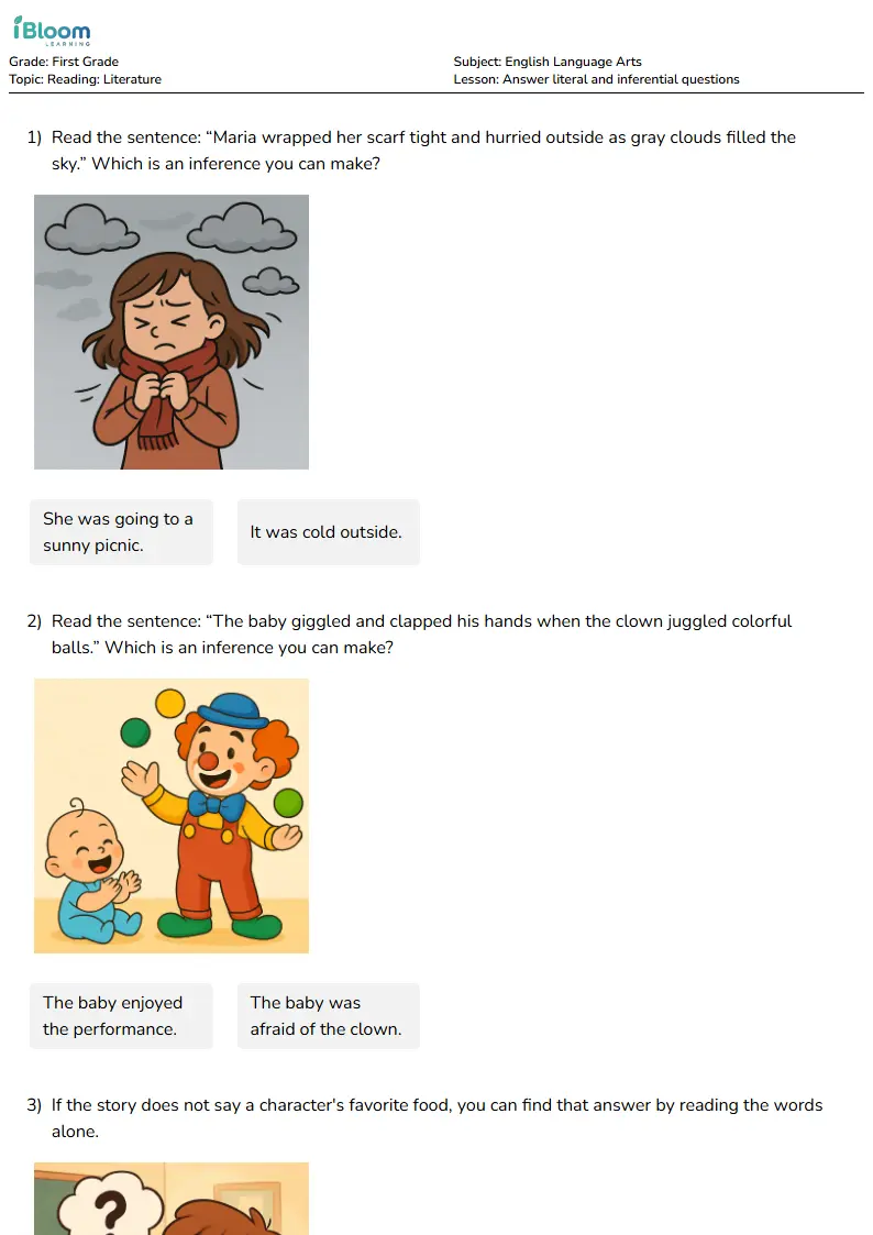 Answer literal and inferential questions Lesson for First Grade