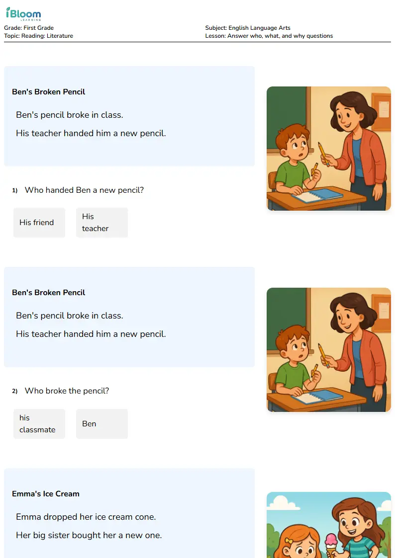 Answer who, what, and why questions Lesson for First Grade