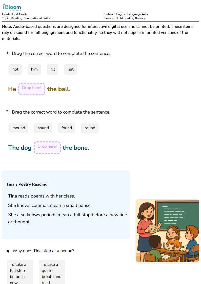 Build reading fluency Lesson for First Grade