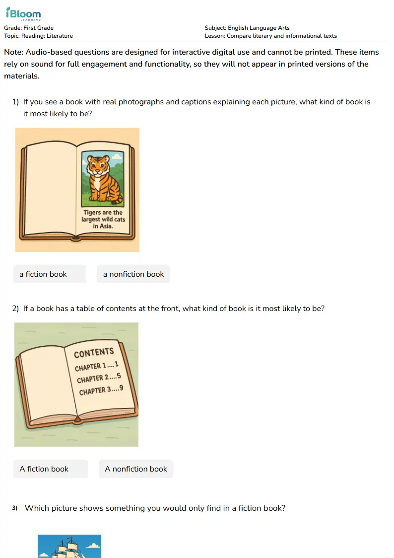 Compare literary and informational texts Lesson for First Grade