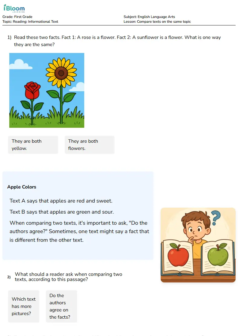 Compare texts on the same topic Lesson for First Grade