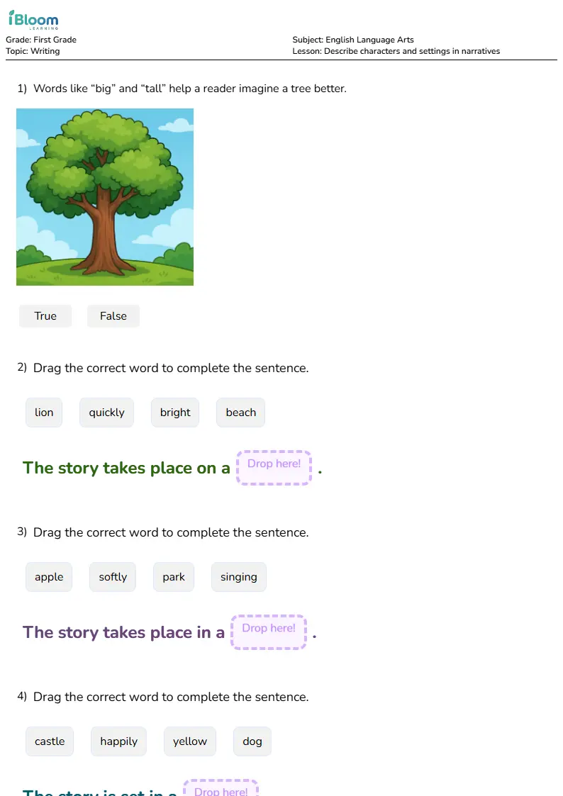 Describe characters and settings in narratives Lesson for Grade 1