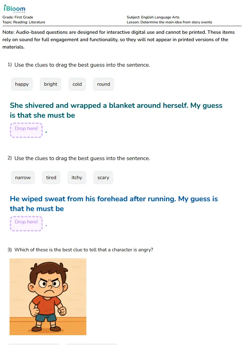 Determine the main idea from story events Lesson for First Grade
