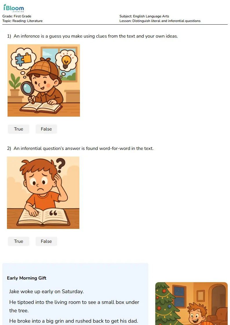 Distinguish literal and inferential questions Lesson for First Grade