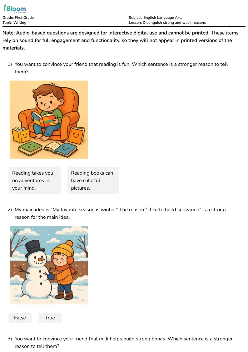Distinguish strong and weak reasons Lesson for First Grade
