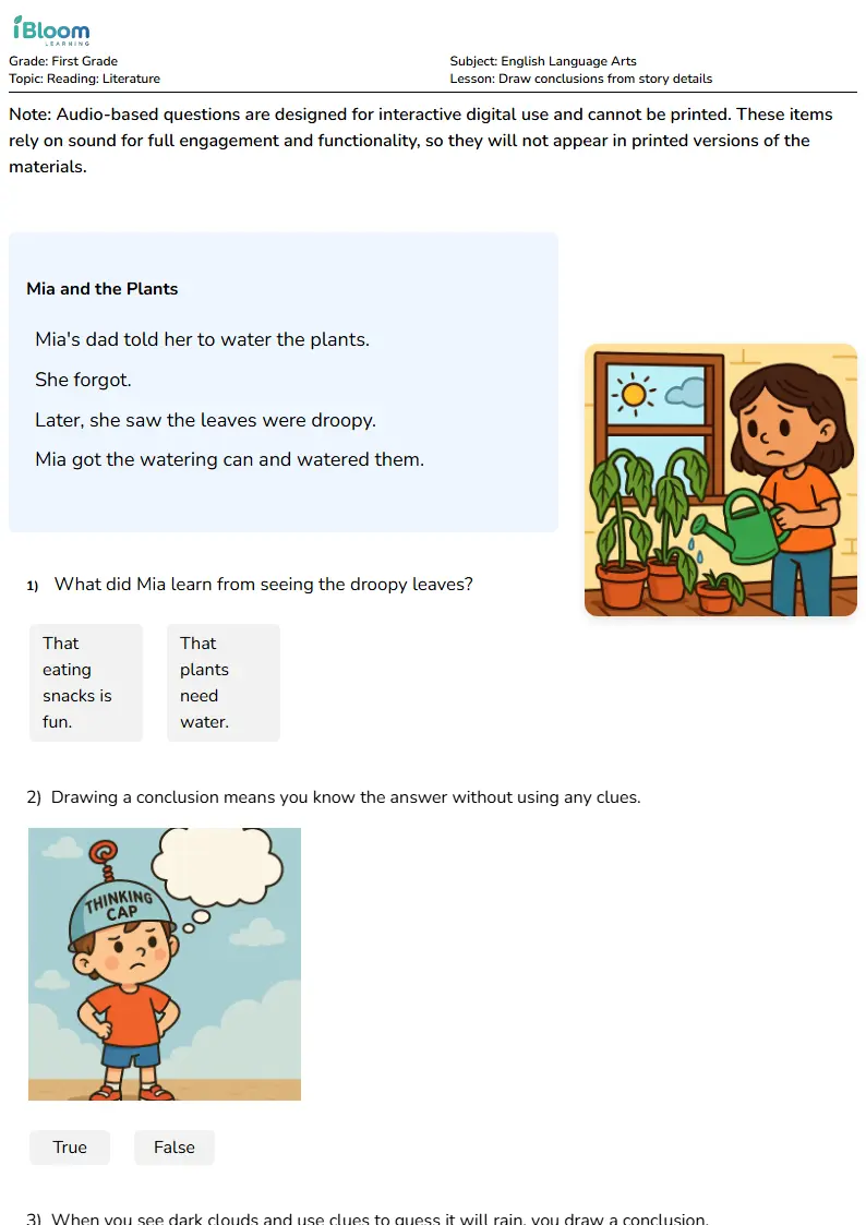 Draw conclusions from story details Lesson for First Grade