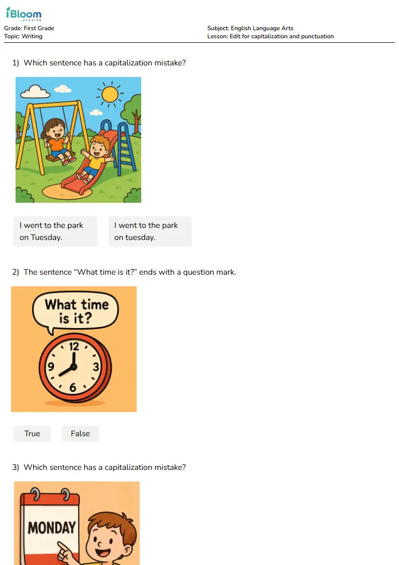 Edit for capitalization and punctuation Lesson for First Grade