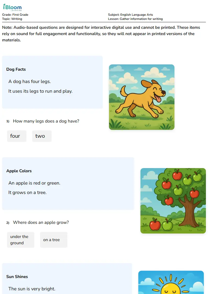 Gather information for writing Lesson for First Grade | iBloom