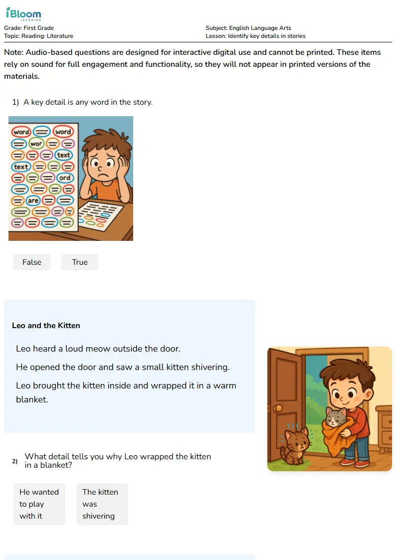 Identify key details in stories Lesson for First Grade | iBloom