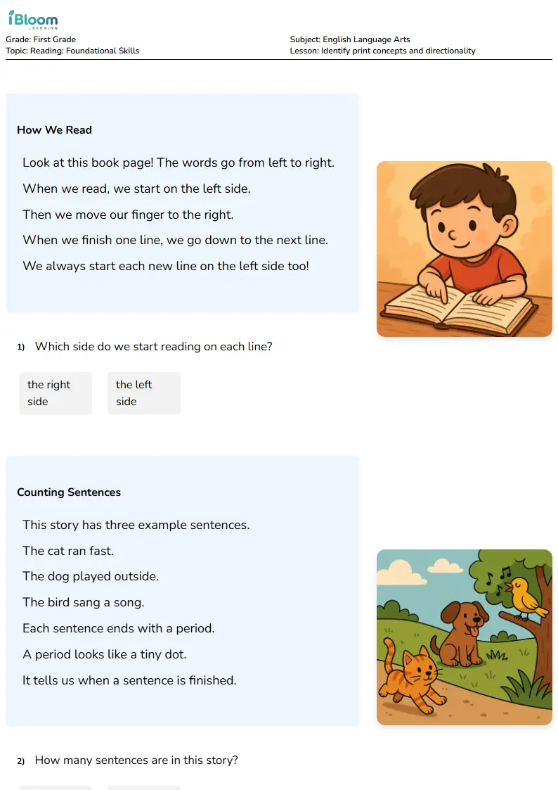 Identify print concepts and directionality Lesson for First Grade | iBloom