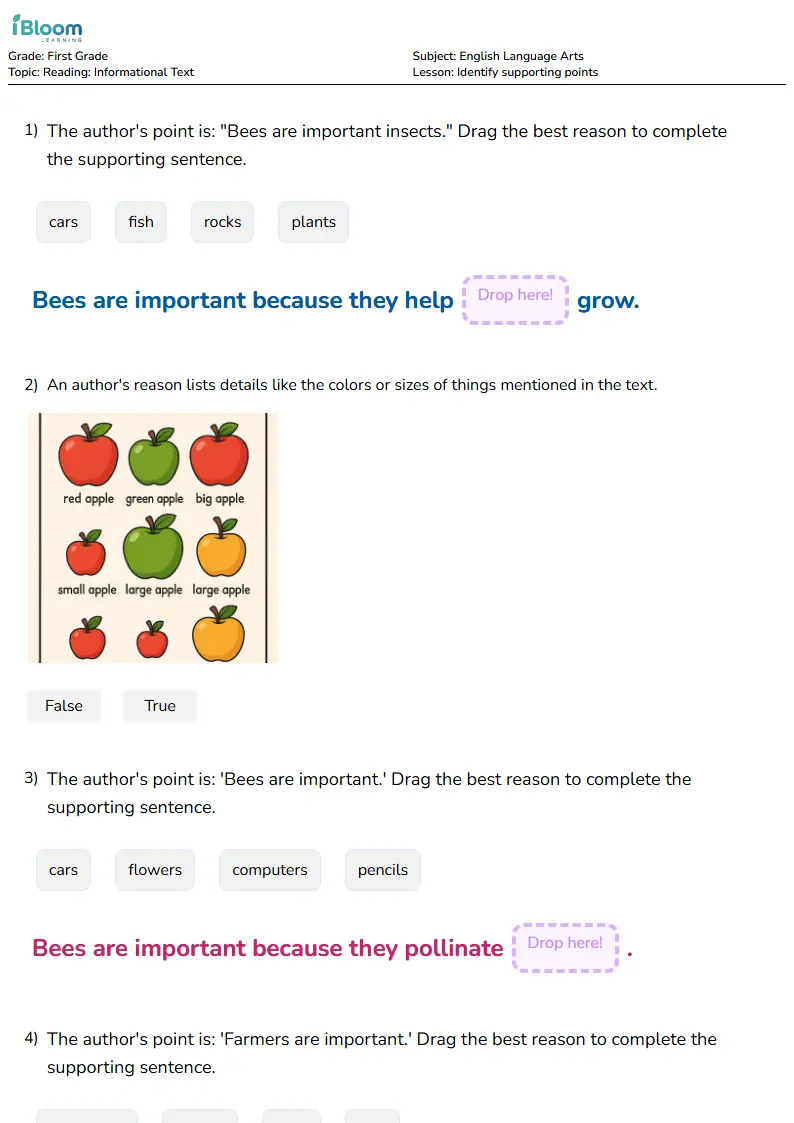 Identify supporting points Lesson for First Grade | iBloom
