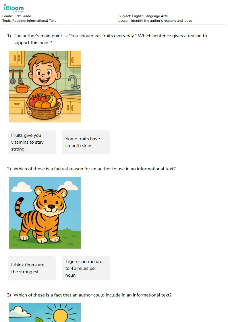 Identify the author's reasons and ideas Lesson for First Grade | iBloom