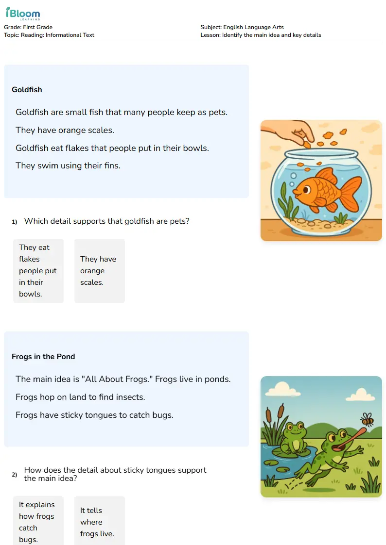 Identify the main idea and key details Lesson for First Grade | iBloom