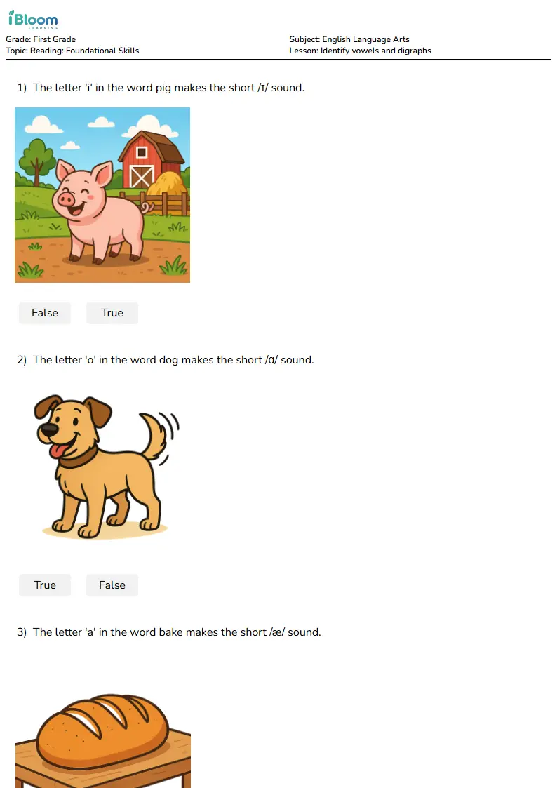 Identify vowels and digraphs Lesson for First Grade | iBloom