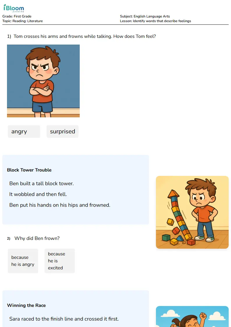 Identify words that describe feelings Lesson for First Grade | iBloom