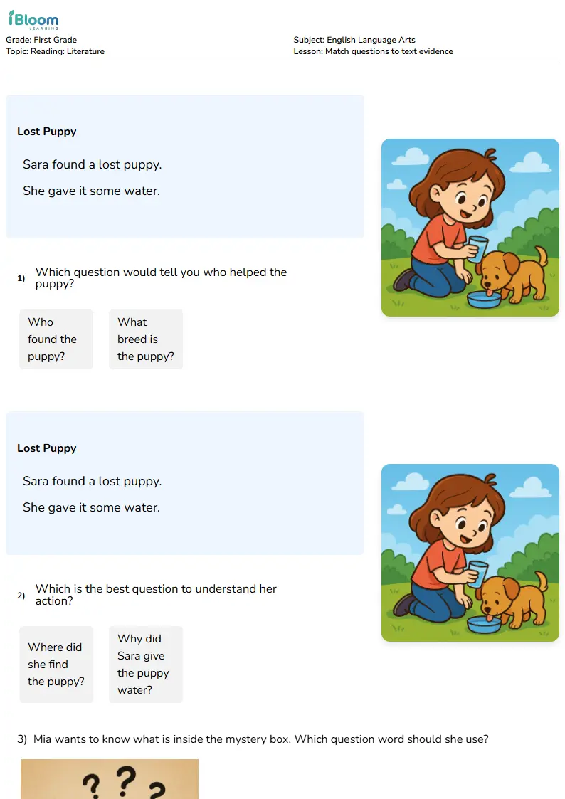 Match questions to text evidence Lesson for First Grade | iBloom