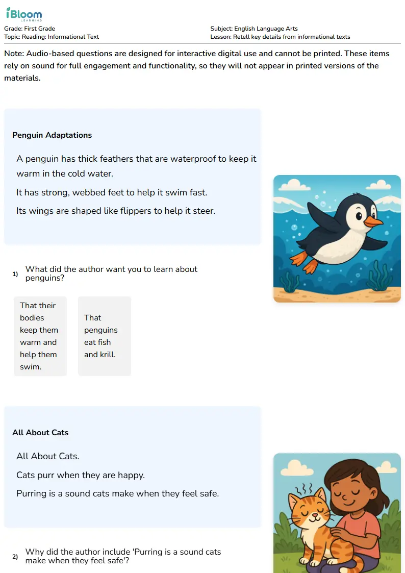 Retell key details from informational texts Lesson for First Grade | iBloom