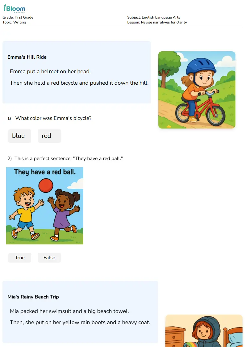 Revise narratives for clarity Lesson for First Grade | iBloom