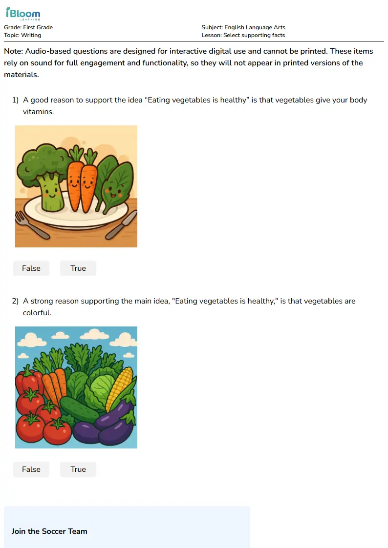 Select supporting facts Lesson for First Grade | iBloom