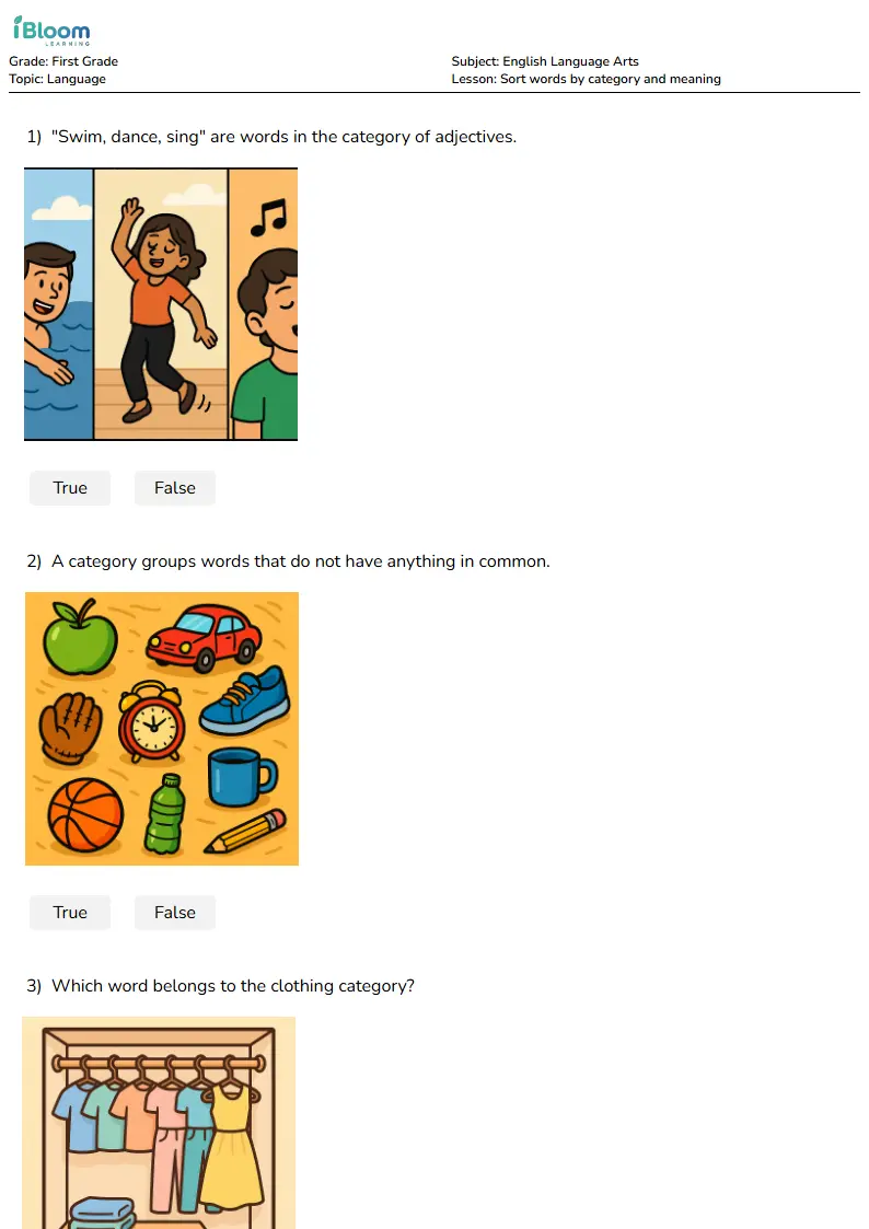Sort words by category and meaning Lesson for First Grade | iBloom