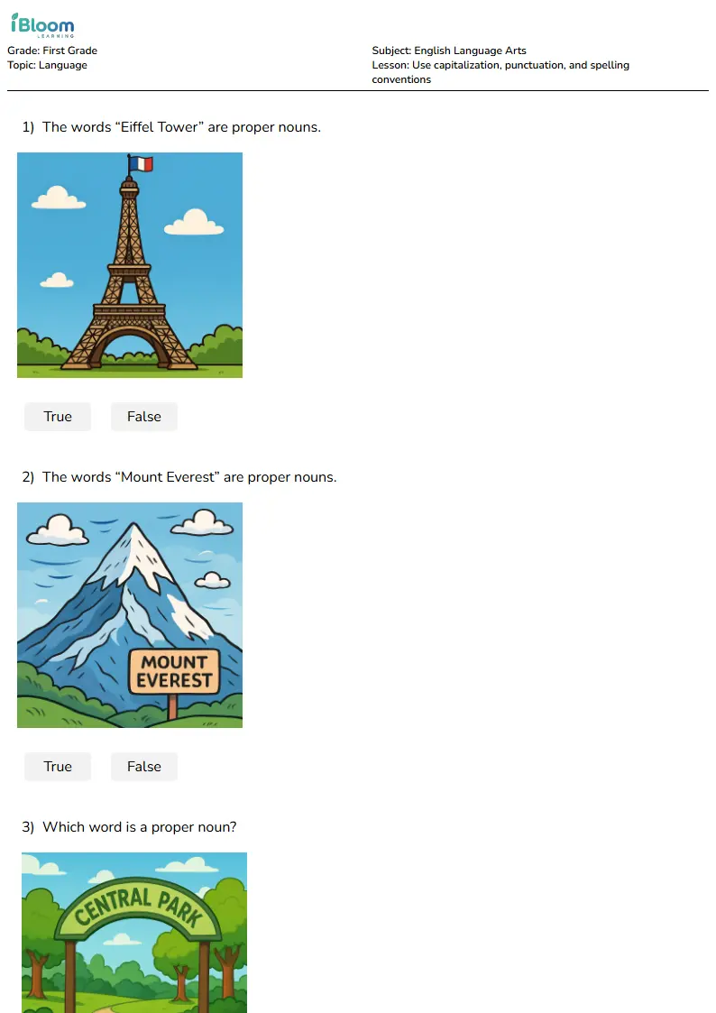 Use capitalization, punctuation, and spelling conventions Lesson for First Grade | iBloom