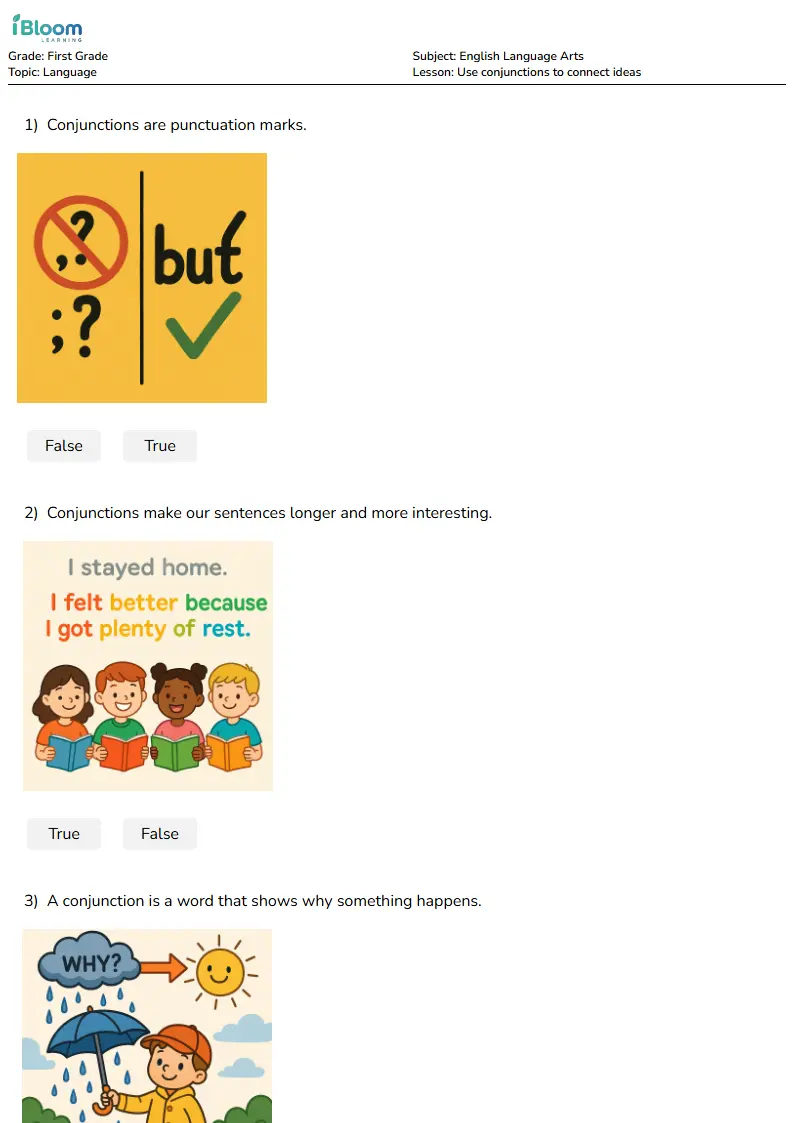Use conjunctions to connect ideas Lesson for First Grade | iBloom