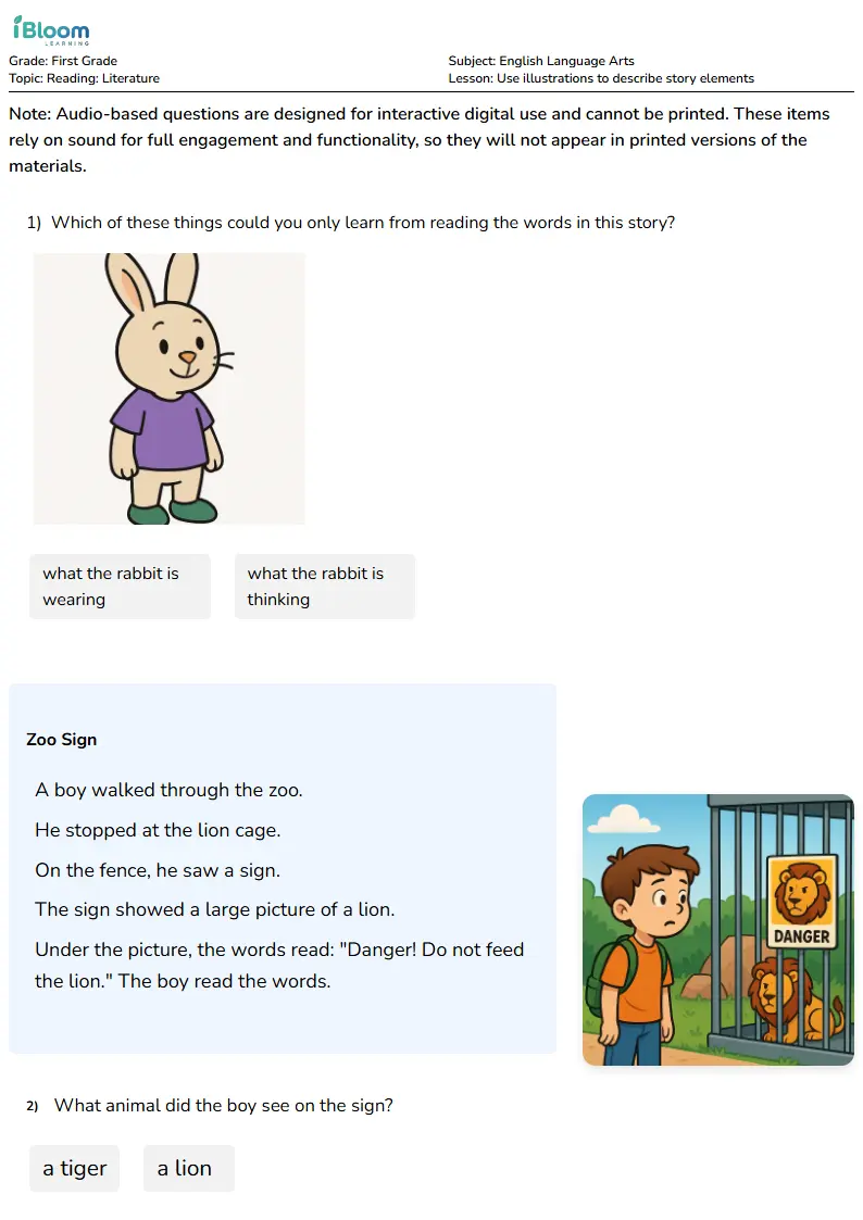 Use illustrations to describe story elements Lesson for First Grade | iBloom