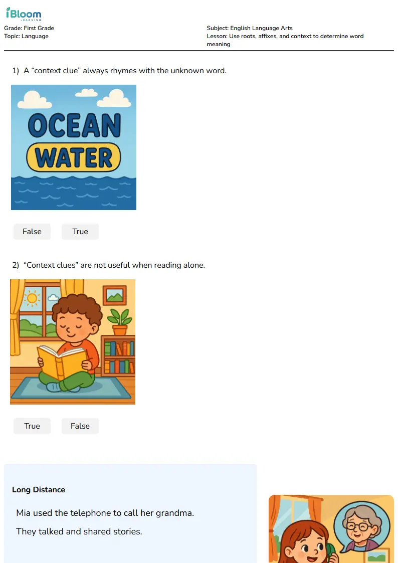 Use roots, affixes, and context to determine word meaning Lesson for First Grade | iBloom