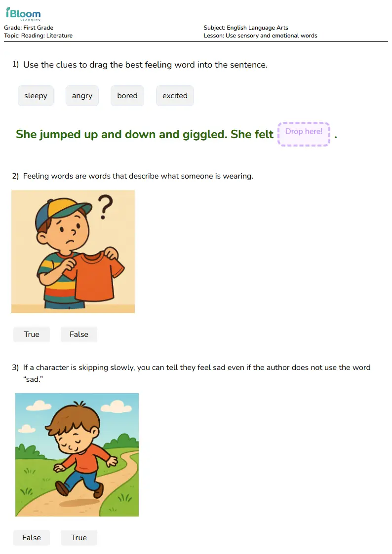 Use sensory and emotional words Lesson for First Grade | iBloom