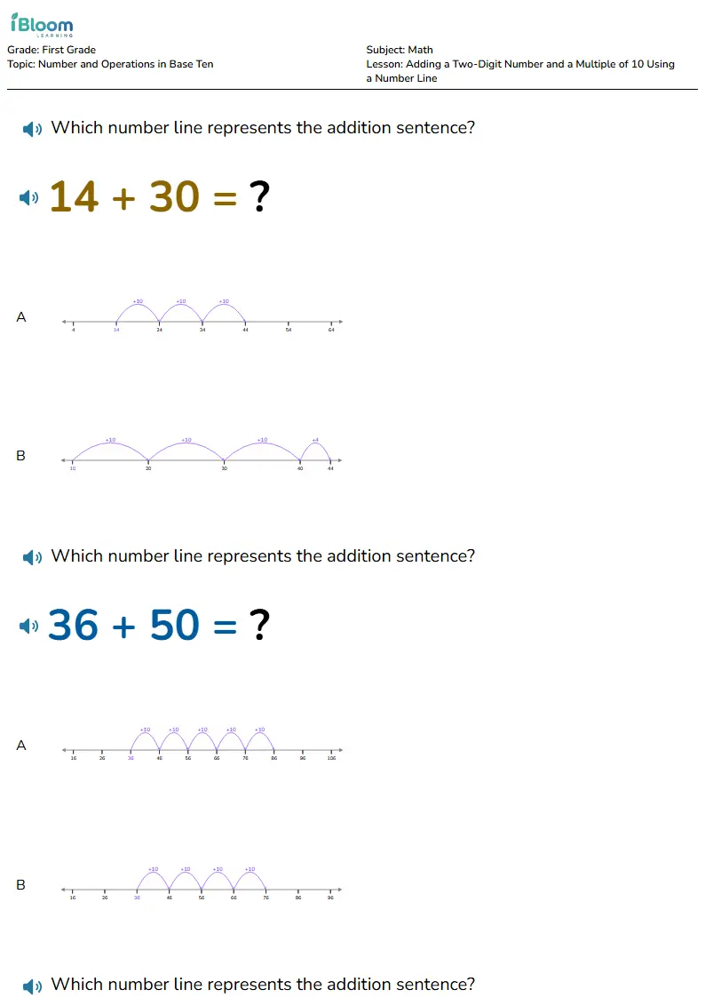 Adding a Two-Digit Number and a Multiple of 10 Using a Number Line Lesson for Grade 1