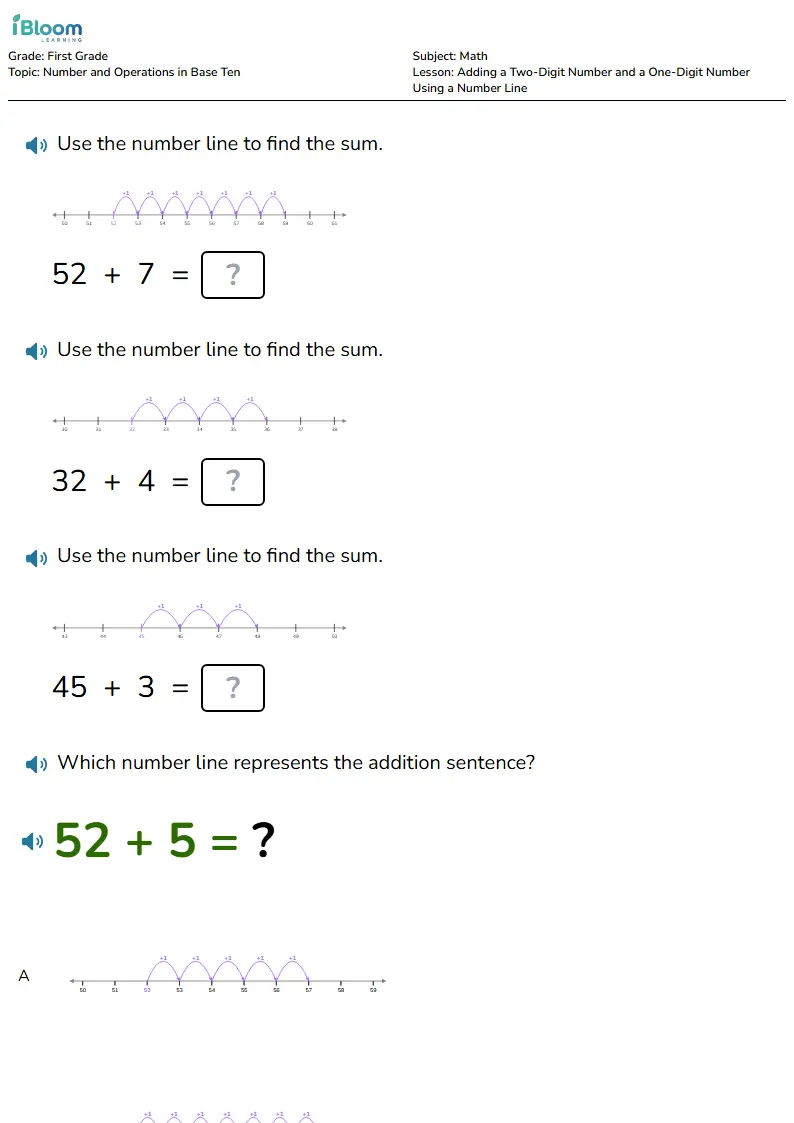 Adding a Two-Digit Number and a One-Digit Number Using a Number Line Lesson for Grade 1