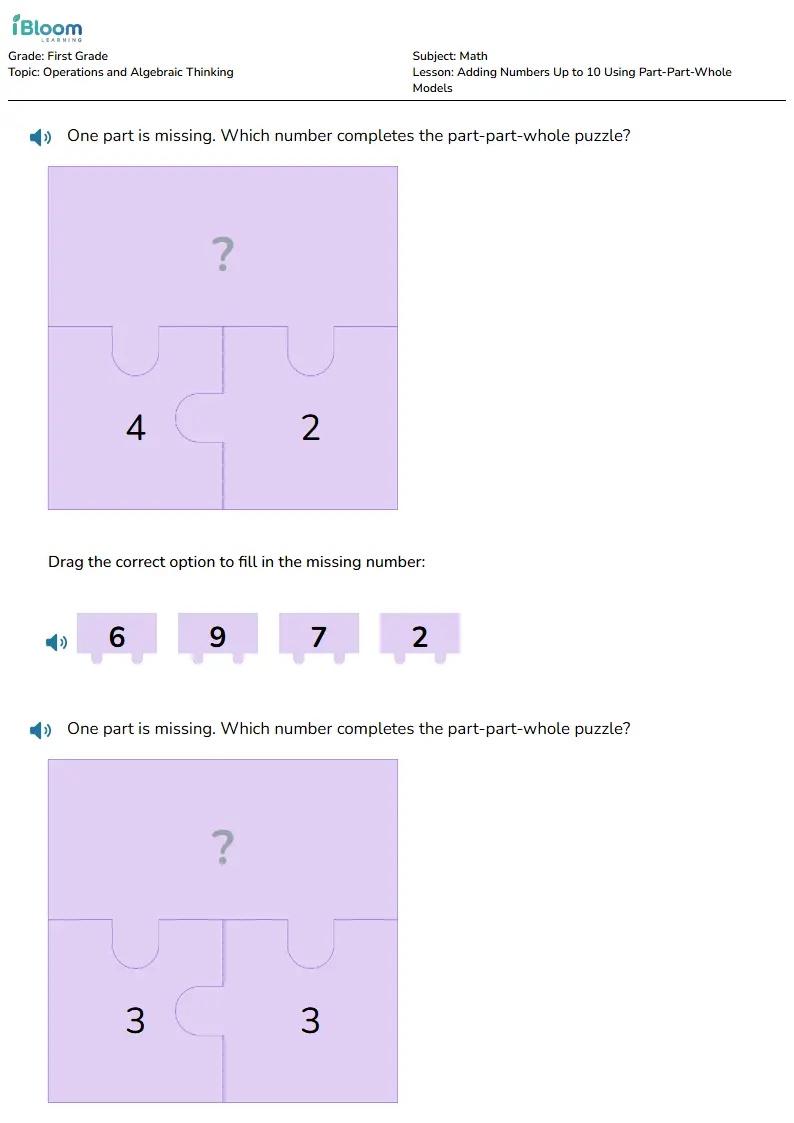Adding Numbers Up to 10 Using Part-Part-Whole Models Lesson for Grade 1
