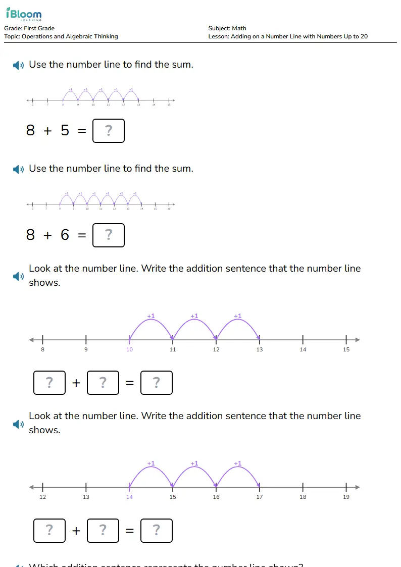 Adding on a Number Line with Numbers Up to 20 Lesson for Grade 1