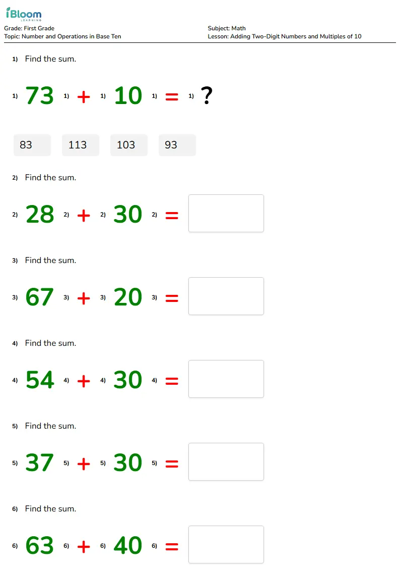 Adding Two-Digit Numbers and Multiples of 10 Lesson for Grade 1