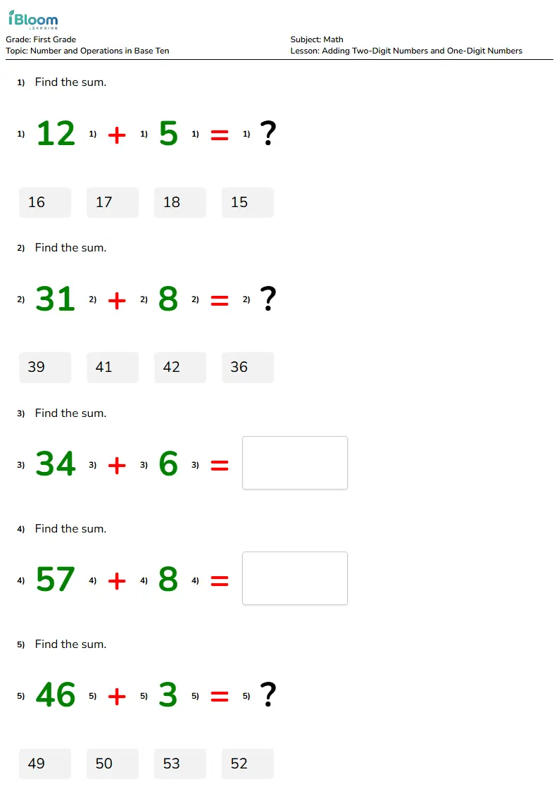 Adding Two-Digit Numbers and One-Digit Numbers Lesson for Grade 1
