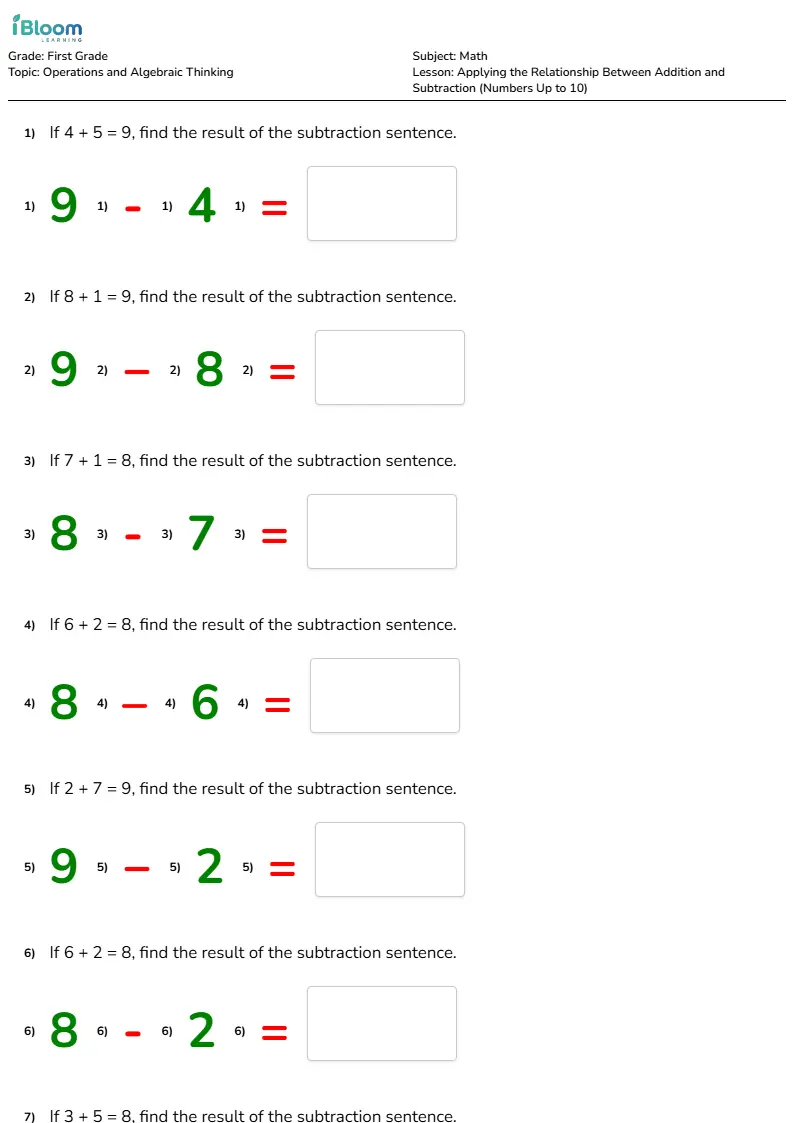 Applying the Relationship Between Addition and Subtraction (Numbers Up to 10) Lesson for Grade 1