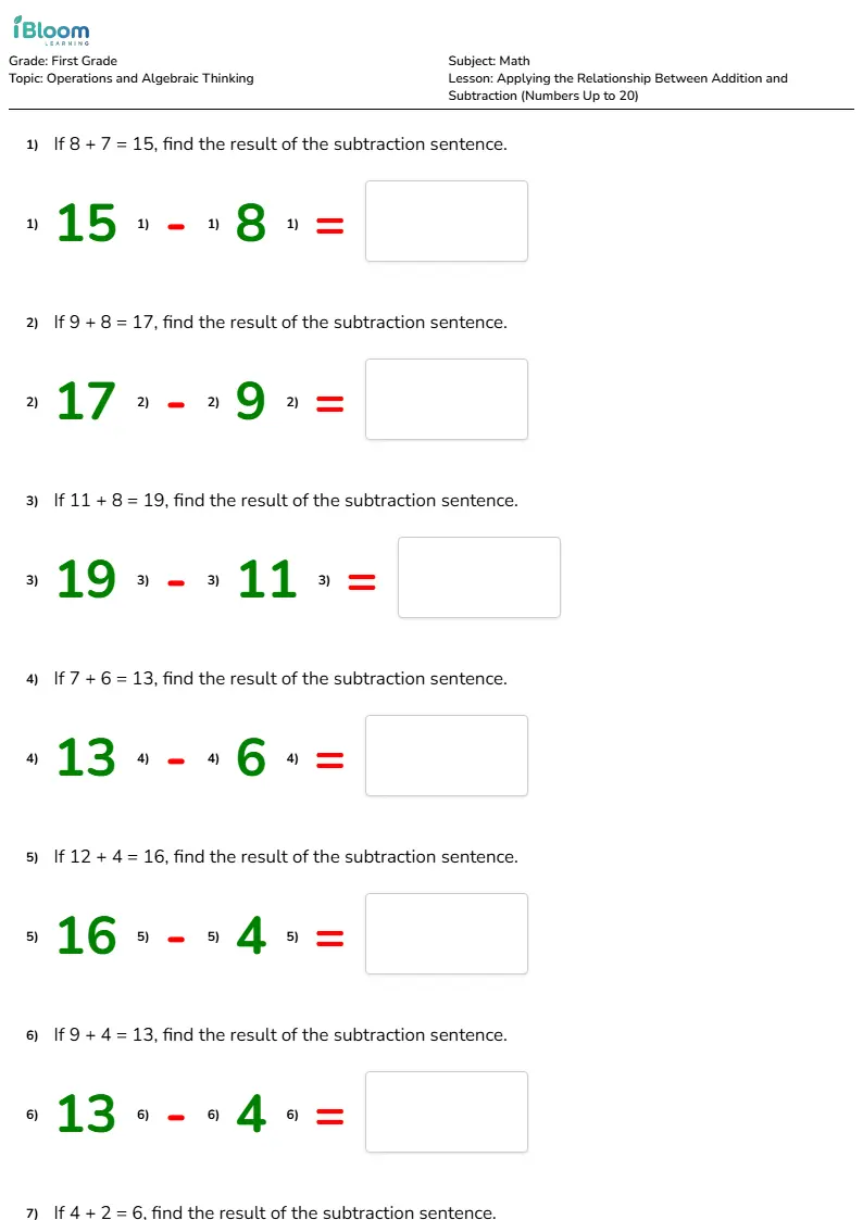 Applying the Relationship Between Addition and Subtraction (Numbers Up to 20) Lesson for Grade 1