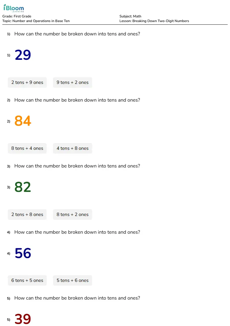 Breaking Down Two-Digit Numbers Lesson for Grade 1