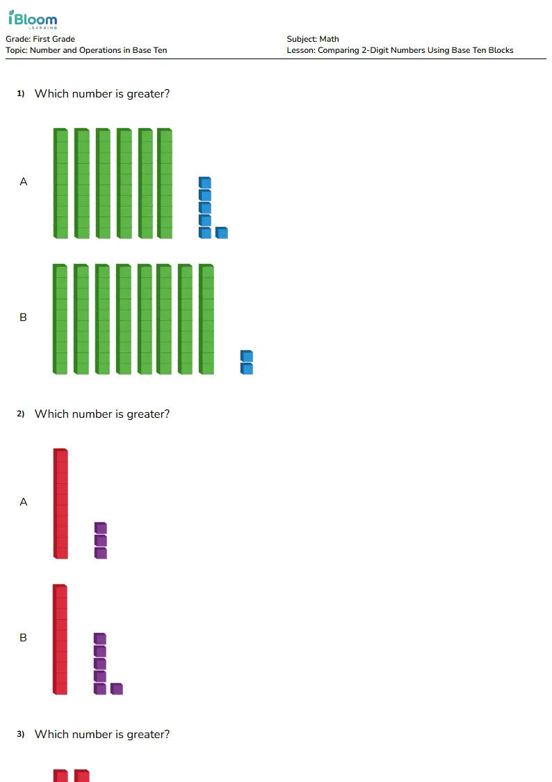 Comparing 2-Digit Numbers Using Base Ten Blocks Lesson for Grade 1