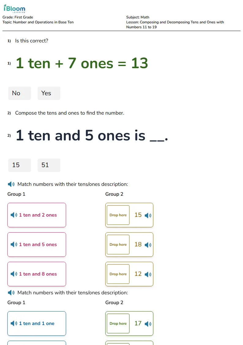 Composing and Decomposing Tens and Ones with Numbers 11 to 19 Lesson for Grade 1