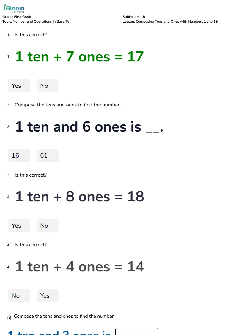Composing Tens and Ones with Numbers 11 to 19 Lesson for Grade 1