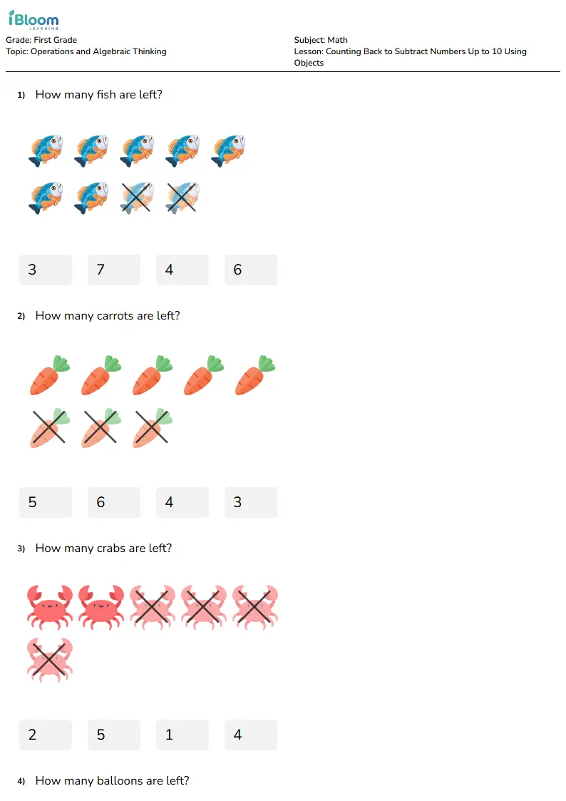 Counting Back to Subtract Numbers Up to 10 Using Objects Lesson for Grade 1