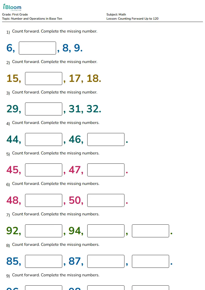 Counting Forward Up to 120 Lesson for Grade 1