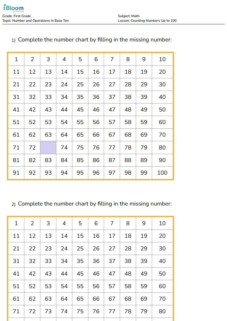 Counting Numbers Up to 100 Lesson for Grade 1